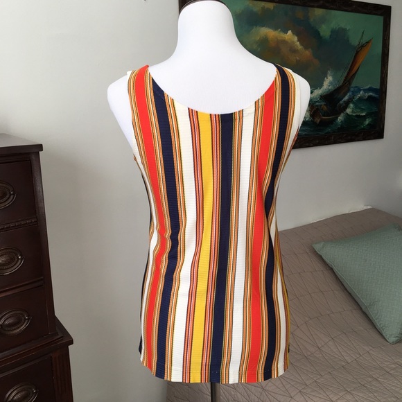 70s Striped Bright Blue Yellow Red Mod Tank Nautical - Picture 3 of 5